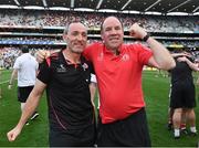 11 September 2021; Tyrone joint-managers Brian Dooher, left, and Feargal Logan celebrate after the GAA Football All-Ireland Senior Championship Final match between Mayo and Tyrone at Croke Park in Dublin. Photo by Piaras Ó Mídheach/Sportsfile