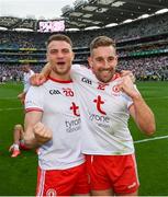 11 September 2021; Niall Kelly, left, and Niall Sludden of Tyrone celebrate after the GAA Football All-Ireland Senior Championship Final match between Mayo and Tyrone at Croke Park in Dublin. Photo by Stephen McCarthy/Sportsfile