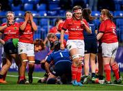 11 September 2021; Leinster players celebrates after their side's first try as Munster players react during the Vodafone Women’s Interprovincial Championship Round 3 match between Leinster and Munster at Energia Park in Dublin. Photo by Harry Murphy/Sportsfile
