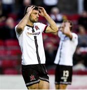 11 September 2021; Patrick Hoban of Dundalk reacts to a missed chance during the SSE Airtricity League Premier Division match between Longford Town and Dundalk at Bishopsgate in Longford. Photo by Michael P Ryan/Sportsfile