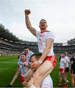 11 September 2021; Cathal McShane of Tyrone celebrates on the shoulders of team-mate Kieran McGeary after the GAA Football All-Ireland Senior Championship Final match between Mayo and Tyrone at Croke Park in Dublin. Photo by Stephen McCarthy/Sportsfile