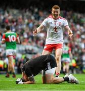11 September 2021; Peter Harte of Tyrone runs to celeberate with goalkeeper Niall Morgan at the final whistle after the GAA Football All-Ireland Senior Championship Final match between Mayo and Tyrone at Croke Park in Dublin. Photo by David Fitzgerald/Sportsfile