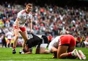 11 September 2021; Peter Harte of Tyrone runs to celeberate with goalkeeper Niall Morgan, centre, and Michael McKernan at the final whistle after the GAA Football All-Ireland Senior Championship Final match between Mayo and Tyrone at Croke Park in Dublin. Photo by David Fitzgerald/Sportsfile