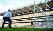 11 September 2021; Tyrone goalkeeper Niall Morgan looks on as a penalty from Ryan O'Donoghue of Mayo hits the post and goes wide during the GAA Football All-Ireland Senior Championship Final match between Mayo and Tyrone at Croke Park in Dublin. Photo by David Fitzgerald/Sportsfile