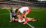 11 September 2021; Darren McCurry celebrates with team-mates Conor McKenna, right, and Michael Conroy, left, following the GAA Football All-Ireland Senior Championship Final match between Mayo and Tyrone at Croke Park in Dublin. Photo by Stephen McCarthy/Sportsfile