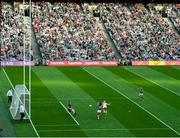 11 September 2021; Cathal McShane of Tyrone scores his side's first goal past Mayo goalkeeper Rob Hennelly during the GAA Football All-Ireland Senior Championship Final match between Mayo and Tyrone at Croke Park in Dublin. Photo by Stephen McCarthy/Sportsfile