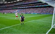 11 September 2021; Cathal McShane of Tyrone scores his side's first goal past Oisín Mullin and goalkeeper Rob Hennelly of Mayo during the GAA Football All-Ireland Senior Championship Final match between Mayo and Tyrone at Croke Park in Dublin. Photo by Brendan Moran/Sportsfile