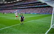 11 September 2021; Cathal McShane of Tyrone scores his side's first goal past Oisín Mullin and goalkeeper Rob Hennelly of Mayo during the GAA Football All-Ireland Senior Championship Final match between Mayo and Tyrone at Croke Park in Dublin. Photo by Brendan Moran/Sportsfile