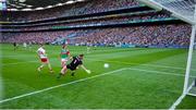 11 September 2021; Cathal McShane of Tyrone scores his side's first goal past Oisín Mullin and goalkeeper Rob Hennelly of Mayo during the GAA Football All-Ireland Senior Championship Final match between Mayo and Tyrone at Croke Park in Dublin. Photo by Brendan Moran/Sportsfile