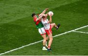11 September 2021; Peter Harte of Tyrone catches a mark over Patrick Durcan of Mayo during the GAA Football All-Ireland Senior Championship Final match between Mayo and Tyrone at Croke Park in Dublin. Photo by Daire Brennan/Sportsfile