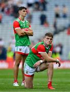 11 September 2021; Mayo players Jordan Flynn, right, and Tommy Conroy after the GAA Football All-Ireland Senior Championship Final match between Mayo and Tyrone at Croke Park in Dublin. Photo by Brendan Moran/Sportsfile