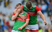 11 September 2021; Ryan O'Donoghue of Mayo is consoled by team-mate Aidan O'Shea after the GAA Football All-Ireland Senior Championship Final match between Mayo and Tyrone at Croke Park in Dublin. Photo by Brendan Moran/Sportsfile