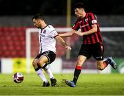 11 September 2021; Patrick Hoban of Dundalk in action against Rob Manley of Longford Town during the SSE Airtricity League Premier Division match between Longford Town and Dundalk at Bishopsgate in Longford. Photo by Michael P Ryan/Sportsfile