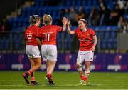 11 September 2021; Nicole Cronin of Munster, right, embraces Stephanie Carroll of Munster during the Vodafone Women’s Interprovincial Championship Round 3 match between Leinster and Munster at Energia Park in Dublin. Photo by Harry Murphy/Sportsfile