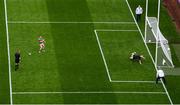 11 September 2021; Ryan O'Donoghue of Mayo watches his penalty hit the post and go wide past Tyrone goalkeeper Niall Morgan during the GAA Football All-Ireland Senior Championship Final match between Mayo and Tyrone at Croke Park in Dublin. Photo by Stephen McCarthy/Sportsfile