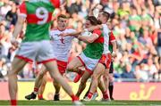 11 September 2021; Pádraig O'Hora of Mayo is tackled by Kieran McGeary of Tyrone, right, outside the square during the GAA Football All-Ireland Senior Championship Final match between Mayo and Tyrone at Croke Park in Dublin. Photo by Brendan Moran/Sportsfile