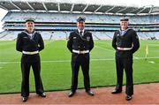 11 September 2021; Members of the Navy Colour Party, from left, Able Seaman Fergal Harte, Petty Officer Damien Gallagher and Able Seaman James O'Malley, who will take part in the pre-match parade to celebrate the Naval Service of Ireland 75th anniversary, before the GAA Football All-Ireland Senior Championship Final match between Mayo and Tyrone at Croke Park in Dublin. Photo by Brendan Moran/Sportsfile