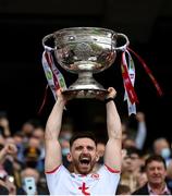 11 September 2021; Tyrone captain Pádraig Hampsey lifts the Sam Maguire Cup following the GAA Football All-Ireland Senior Championship Final match between Mayo and Tyrone at Croke Park in Dublin. Photo by Stephen McCarthy/Sportsfile