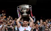 11 September 2021; Tyrone captain Pádraig Hampsey lifts the Sam Maguire Cup following the GAA Football All-Ireland Senior Championship Final match between Mayo and Tyrone at Croke Park in Dublin. Photo by Stephen McCarthy/Sportsfile