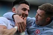 11 September 2021; Tyrone captain Pádraig Hampsey celebrates with team-mate Michael Conroy after the GAA Football All-Ireland Senior Championship Final match between Mayo and Tyrone at Croke Park in Dublin. Photo by Brendan Moran/Sportsfile