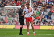 11 September 2021; Conn Kilpatrick of Tyrone is booked by referee Joe McQuillan during the GAA Football All-Ireland Senior Championship Final match between Mayo and Tyrone at Croke Park in Dublin. Photo by Brendan Moran/Sportsfile