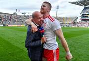 11 September 2021; Cathal McShane of Tyrone celebrates with former Tyrone captain and Sky Sports GAA pundit Peter Canavan after the GAA Football All-Ireland Senior Championship Final match between Mayo and Tyrone at Croke Park in Dublin. Photo by Brendan Moran/Sportsfile