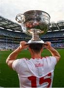 11 September 2021; Conor McKenna of Tyrone celebrates with the Sam Maguire Cup following the GAA Football All-Ireland Senior Championship Final match between Mayo and Tyrone at Croke Park in Dublin. Photo by Stephen McCarthy/Sportsfile