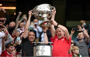 11 September 2021; Tyrone joint-managers Brian Dooher, left, and Feargal Logan lift the Sam Maguire Cup following the GAA Football All-Ireland Senior Championship Final match between Mayo and Tyrone at Croke Park in Dublin. Photo by Stephen McCarthy/Sportsfile