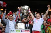 11 September 2021; Ronan O'Neill, left, and Conor Meyler of Tyrone lift the Sam Maguire Cup following the GAA Football All-Ireland Senior Championship Final match between Mayo and Tyrone at Croke Park in Dublin. Photo by Stephen McCarthy/Sportsfile