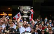 11 September 2021; Ronan McNamee of Tyrone lifts the Sam Maguire Cup following the GAA Football All-Ireland Senior Championship Final match between Mayo and Tyrone at Croke Park in Dublin. Photo by Stephen McCarthy/Sportsfile