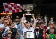 11 September 2021; Conor McKenna of Tyrone lifts the Sam Maguire Cup following the GAA Football All-Ireland Senior Championship Final match between Mayo and Tyrone at Croke Park in Dublin. Photo by Stephen McCarthy/Sportsfile