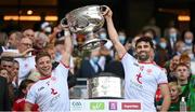 11 September 2021; Mark Bradley, left, and Tiernan McCann of Tyrone lift the Sam Maguire Cup following the GAA Football All-Ireland Senior Championship Final match between Mayo and Tyrone at Croke Park in Dublin. Photo by Stephen McCarthy/Sportsfile