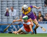 12 September 2021; Ciara Hill of Armagh is tackled by Ciara Donohoe of Wexford during the All-Ireland Premier Junior Camogie Championship Final match between Armagh and Wexford at Croke Park in Dublin. Photo by Piaras Ó Mídheach/Sportsfile