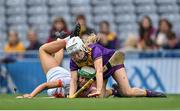 12 September 2021; Ciara Hill of Armagh is tackled by Ciara Donohoe of Wexford during the All-Ireland Premier Junior Camogie Championship Final match between Armagh and Wexford at Croke Park in Dublin. Photo by Piaras Ó Mídheach/Sportsfile