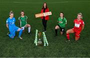 14 September 2021; TG4 presenter Máire Treasa Ní Cheallaigh with players, from left, Jessica Gleeson of DLR Waves, Eva Mangan of Cork City, Alannah McEvoy of Cork City and Saoirse Noonan of Shelbourne during the TG4 Women's National League Photocall at FAINT in Abbotstown, Dublin. Photo by Piaras Ó Mídheach/Sportsfile