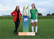 14 September 2021; TG4 presenter Máire Treasa Ní Cheallaigh with Eva Mangan of Cork City during the TG4 Women's National League Photocall at FAINT in Abbotstown, Dublin. Photo by Piaras Ó Mídheach/Sportsfile