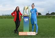 14 September 2021; TG4 presenter Máire Treasa Ní Cheallaigh with Jessica Gleeson of DLR Waves during the TG4 Women's National League Photocall at FAINT in Abbotstown, Dublin. Photo by Piaras Ó Mídheach/Sportsfile