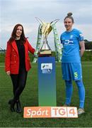 14 September 2021; TG4 presenter Máire Treasa Ní Cheallaigh with Jessica Gleeson of DLR Waves during the TG4 Women's National League Photocall at FAINT in Abbotstown, Dublin. Photo by Piaras Ó Mídheach/Sportsfile