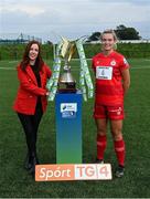 14 September 2021; TG4 presenter Máire Treasa Ní Cheallaigh with Saoirse Noonan of Shelbourne during the TG4 Women's National League Photocall at FAINT in Abbotstown, Dublin. Photo by Piaras Ó Mídheach/Sportsfile