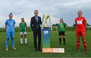 14 September 2021; FAI Chief Executive Officer Jonathan Hill with players, from left, Jessica Gleeson of DLR Waves, Eva Mangan of Cork City, Alannah McEvoy of Peamount United and Saoirse Noonan of Shelbourne during the TG4 Women's National League Photocall at FAINT in Abbotstown, Dublin. Photo by Piaras Ó Mídheach/Sportsfile