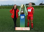 14 September 2021; TG4 presenter Máire Treasa Ní Cheallaigh with Saoirse Noonan of Shelbourne during the TG4 Women's National League Photocall at FAINT in Abbotstown, Dublin. Photo by Piaras Ó Mídheach/Sportsfile