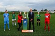 14 September 2021; FAI Chief Executive Officer Jonathan Hill and TG4 presenter Máire Treasa Ní Cheallaigh with players, from left, Jessica Gleeson of DLR Waves, Eva Mangan of Cork City, Alannah McEvoy of Peamount United and Saoirse Noonan of Shelbourne during the TG4 Women's National League Photocall at FAINT in Abbotstown, Dublin. Photo by Piaras Ó Mídheach/Sportsfile