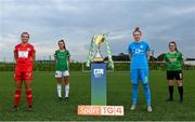14 September 2021; Players, from left, Saoirse Noonan of Shelbourne, Eva Mangan of Cork City, Jessica Gleeson of DLR Waves and Alannah McEvoy of Peamount United during the TG4 Women's National League Photocall at FAINT in Abbotstown, Dublin. Photo by Piaras Ó Mídheach/Sportsfile