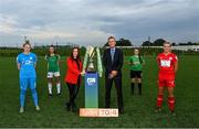 14 September 2021; FAI Chief Executive Officer Jonathan Hill and TG4 presenter Máire Treasa Ní Cheallaigh with players, from left, Jessica Gleeson of DLR Waves, Eva Mangan of Cork City, Alannah McEvoy of Peamount United and Saoirse Noonan of Shelbourne during the TG4 Women's National League Photocall at FAINT in Abbotstown, Dublin. Photo by Piaras Ó Mídheach/Sportsfile