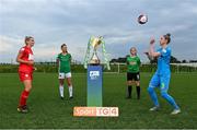 14 September 2021; Players, from left, Saoirse Noonan of Shelbourne, Eva Mangan of Cork City, Alannah McEvoy of Peamount United and Jessica Gleeson of DLR Waves during the TG4 Women's National League Photocall at FAINT in Abbotstown, Dublin. Photo by Piaras Ó Mídheach/Sportsfile