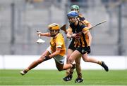 12 September 2021; Maeve Kelly of Antrim is tackled by Leann Fennelly of Kilkenny during the All-Ireland Intermediate Camogie Championship Final match between Antrim and Kilkenny at Croke Park in Dublin. Photo by Ben McShane/Sportsfile