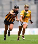 12 September 2021; Maeve Kelly of Antrim in action against Tiffanie Fitzgerald of Kilkenny during the All-Ireland Intermediate Camogie Championship Final match between Antrim and Kilkenny at Croke Park in Dublin. Photo by Ben McShane/Sportsfile