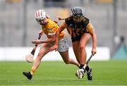 12 September 2021; Lucia McNaughton of Antrim in action against Tiffanie Fitzgerald of Kilkenny during the All-Ireland Intermediate Camogie Championship Final match between Antrim and Kilkenny at Croke Park in Dublin. Photo by Ben McShane/Sportsfile