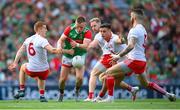 11 September 2021; Ryan O'Donoghue of Mayo in action against Tyrone players, from left, Peter Harte, Frank Burns, Michael McKernan and Ronan McNamee during the GAA Football All-Ireland Senior Championship Final match between Mayo and Tyrone at Croke Park in Dublin. Photo by Stephen McCarthy/Sportsfile