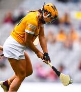 12 September 2021; Maeve Kelly of Antrim scores her side's first goal during the All-Ireland Intermediate Camogie Championship Final match between Antrim and Kilkenny at Croke Park in Dublin. Photo by Ben McShane/Sportsfile